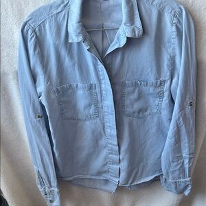 Joan Vass studio denim Light Blue Button-Up Shirt with 3/4 roll up sleeve